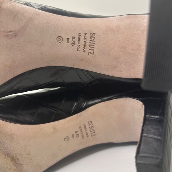 Schutz Black Croc-Embossed Leather Ankle Boots With Square Toe & Side Zipper 8.5 - Picture 2 of 9